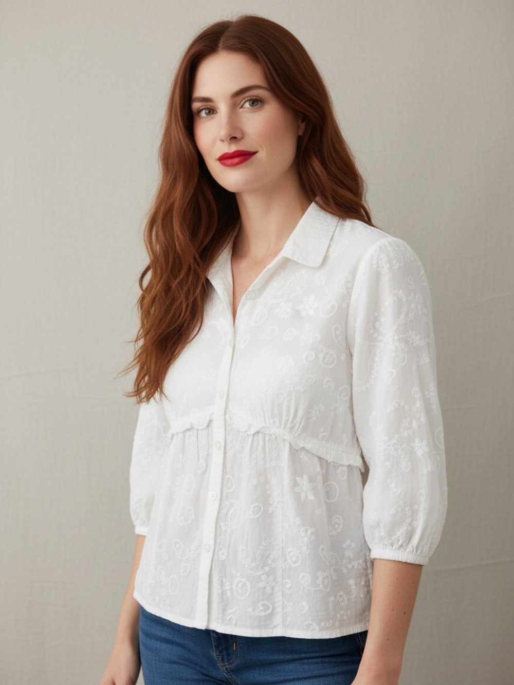 Bum Equipment Vintage Y2K White Cotton Embroidered Blouse Ruffled Shirt Sz S